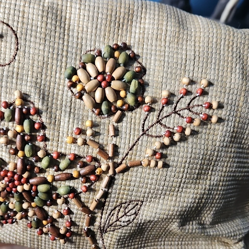 Worthington Vintage Wood Beaded Embroidered Floral Beige Hobo Handbag